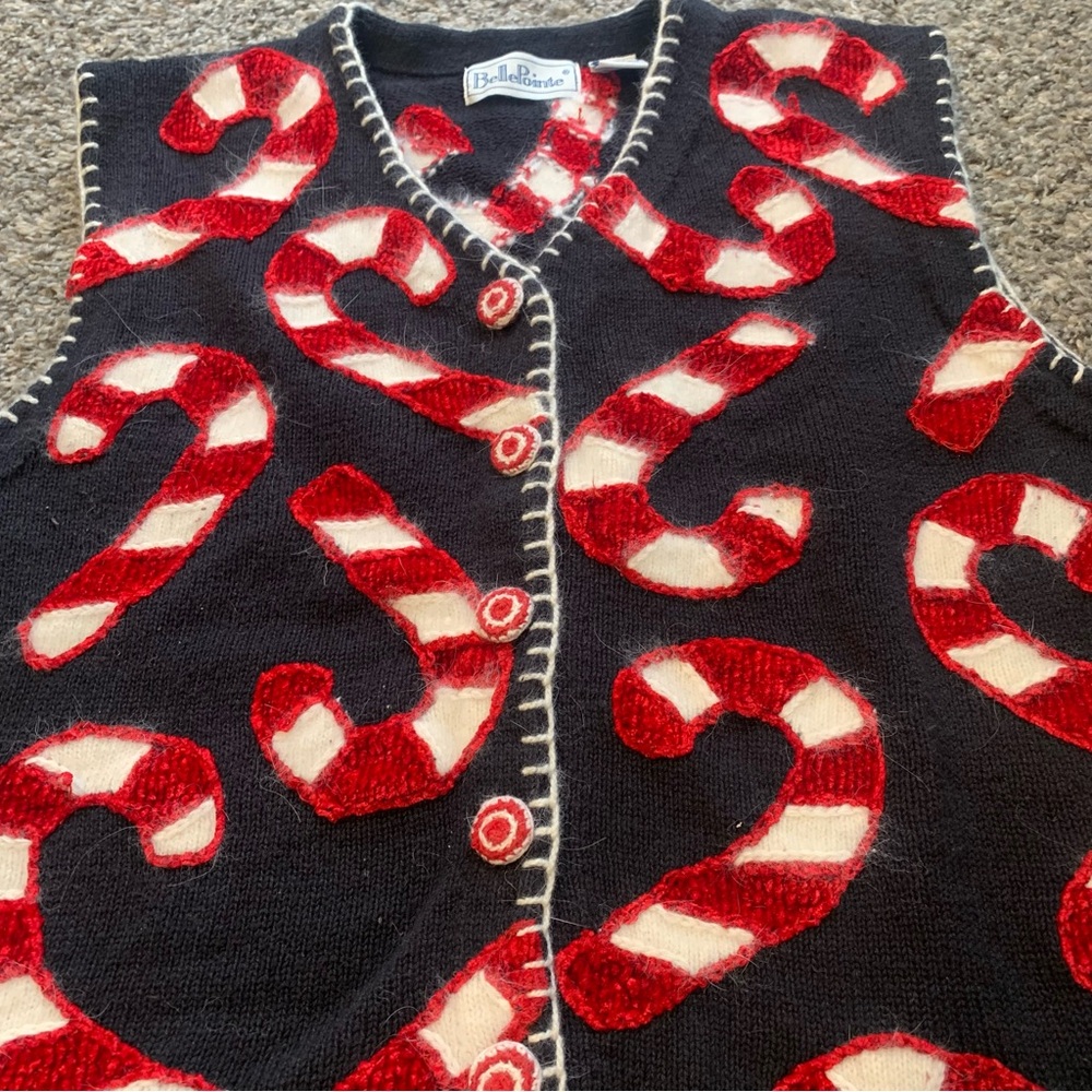 Belle Pointe VTG Ramie Button Front Embellished Candy Cane Christmas Vest - Picture 7 of 15